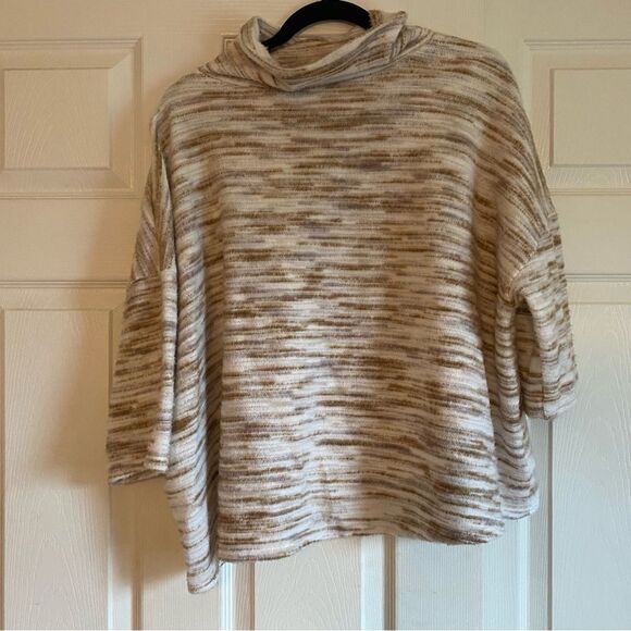 Silence + Noise Anthropologie Cream And Tan Mock Turtleneck Short Sleeve Sweater - Picture 4 of 6
